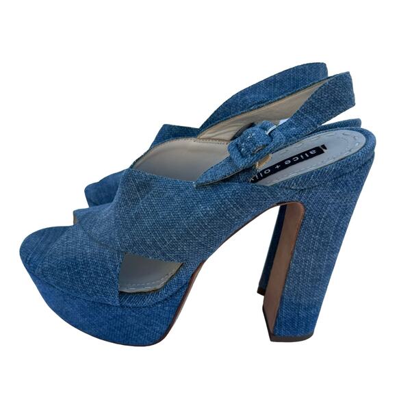 Alice + Olivia Women's Blue Denim Peep Toe Block Heel Ankle Buckle Sandals 38.5 - Picture 6 of 11